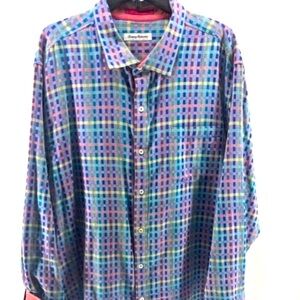 Tommy Bahama Shirt Mens XXL Flip Cuff Blue Green Check Preppy Beach Colorful